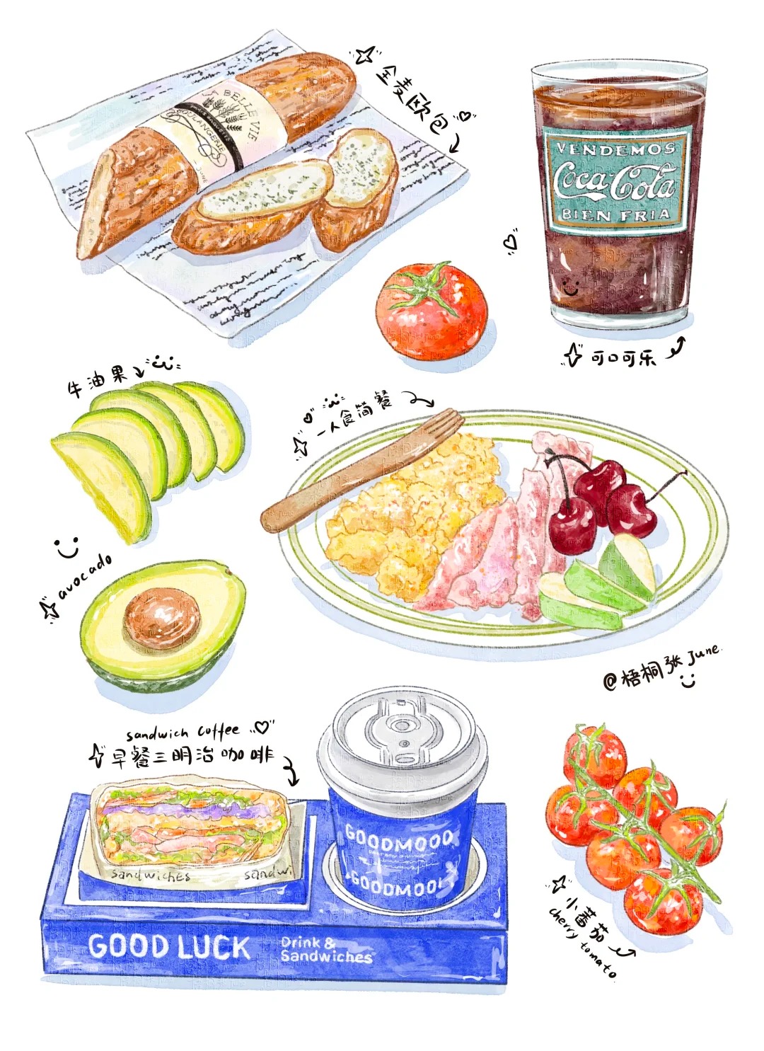 插画日记D61 | 三明治咖啡 | 樱桃番茄